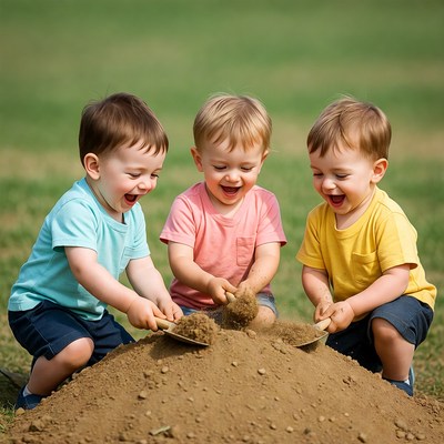 Three boys playing with sand pile