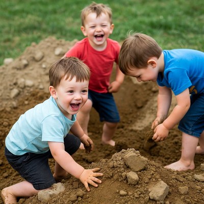 Three boys playing in dirt pile