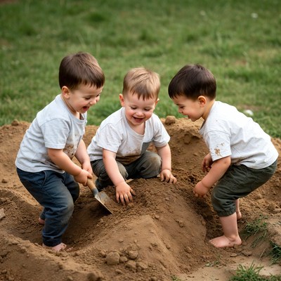 Three boys playing in sand pile