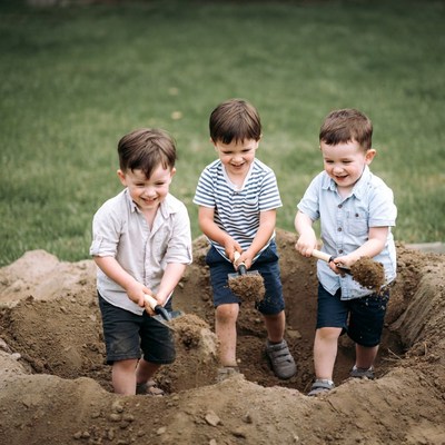 Three boys digging in backyard dirt