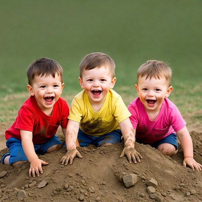Three toddlers playing in dirt mound