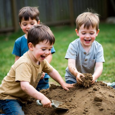 Boys playing with dirt and shovel
