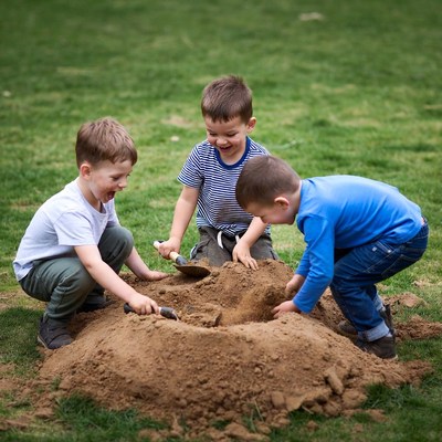 Boys digging in sand pile