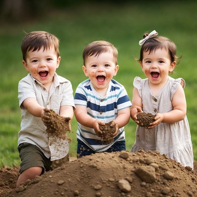 Three toddlers playing with dirt pile