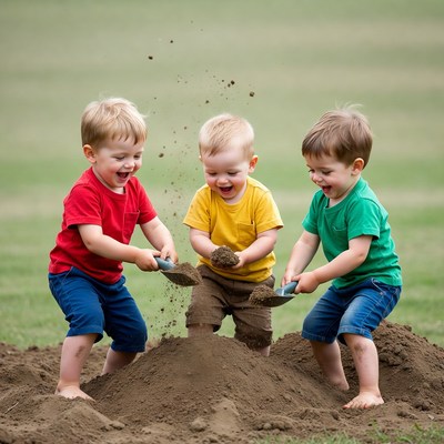 Three boys playing with sand