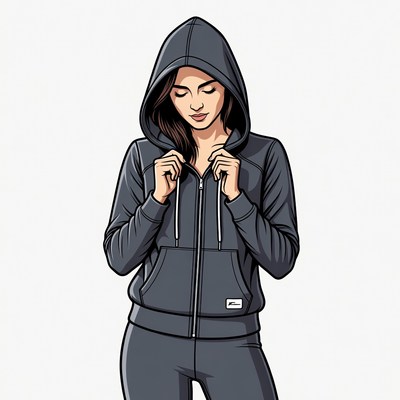 Woman zipping black hoodie illustration