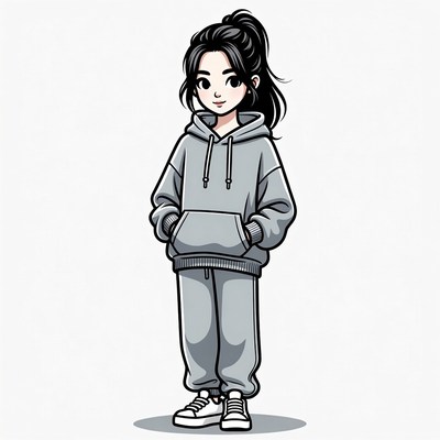 Anime girl in gray hoodie and pants