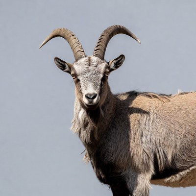 Gray goat with large curved horns