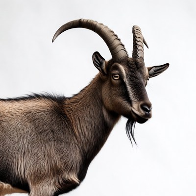 Brown goat with curved horns