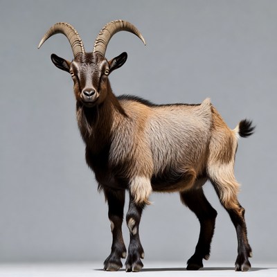 Brown goat with large curved horns