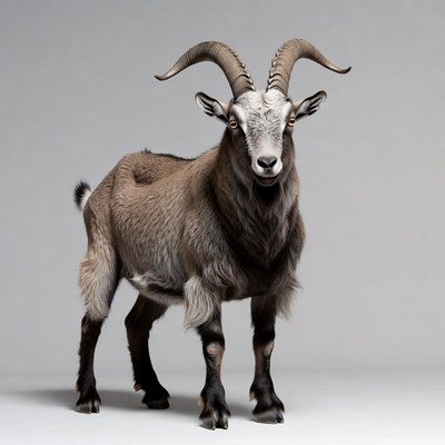 Brown goat with large curved horns