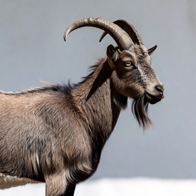 Brown goat with large curved horns