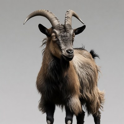 Brown goat with large curved horns
