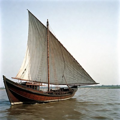 Traditional Wooden Sailing Boat on River