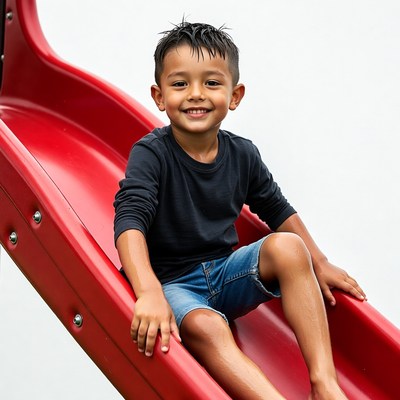 Asian boy smiling on red slide