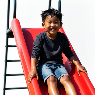 Asian boy sliding on red playground slide