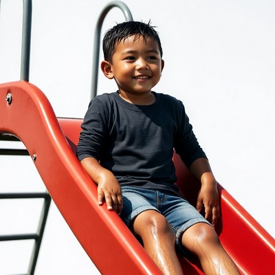 Asian boy sliding on red playground slide