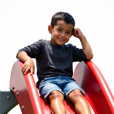 Boy smiling on red slide