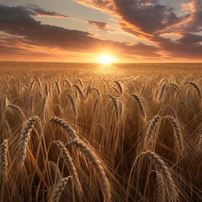 Sunset over golden wheat field