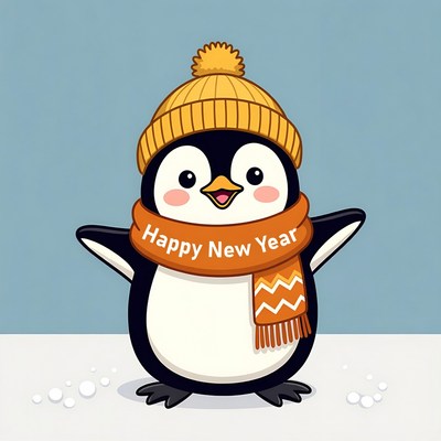 Cute Penguin Wearing Happy New Year Scarf
