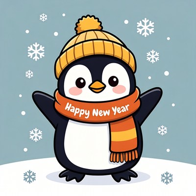 Cute penguin in scarf waving Happy New Year
