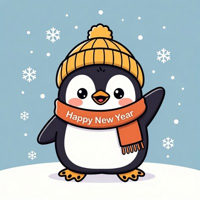 Cute Penguin Waving Happy New Year