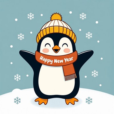 Happy New Year Penguin with Scarf