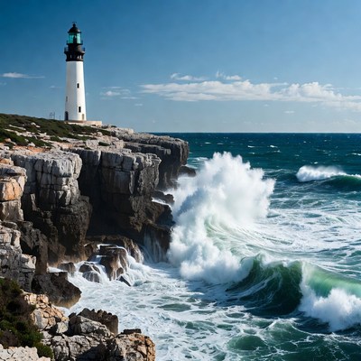 Lighthouse on rocky cliffs with crashing waves