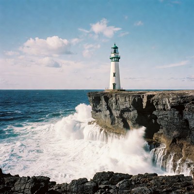 White Lighthouse on Cliff Over Crashing Ocean Waves