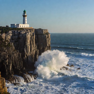 Lighthouse on Cliff with Crashing Waves