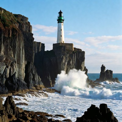 Lighthouse on Cliff with Crashing Waves
