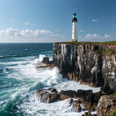 White lighthouse on ocean cliff