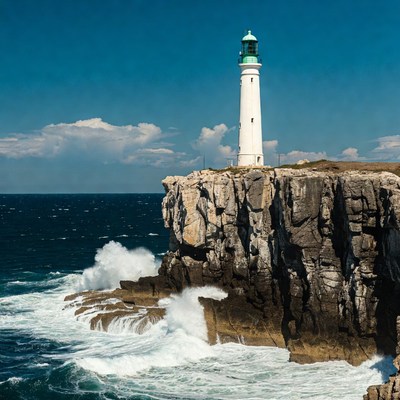 White Lighthouse on Cliff with Crashing Waves