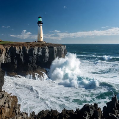 Lighthouse on Cliff with Crashing Waves