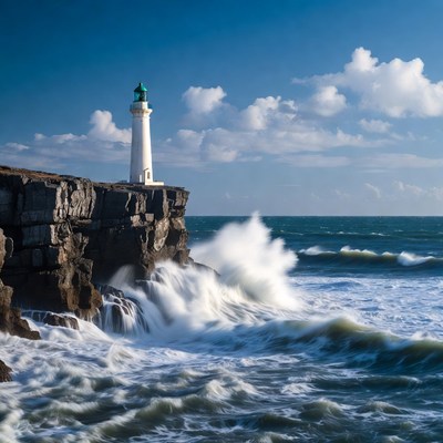 White Lighthouse on Cliff with Crashing Waves