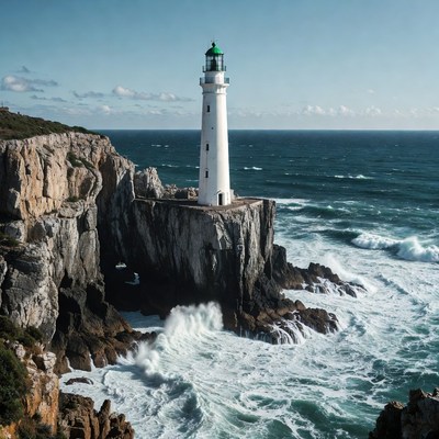 White Lighthouse on Ocean Cliff