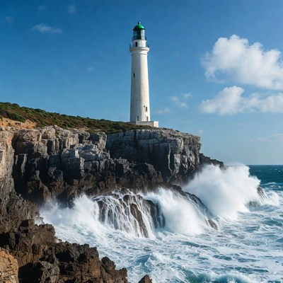 White Lighthouse on Cliff with Crashing Waves