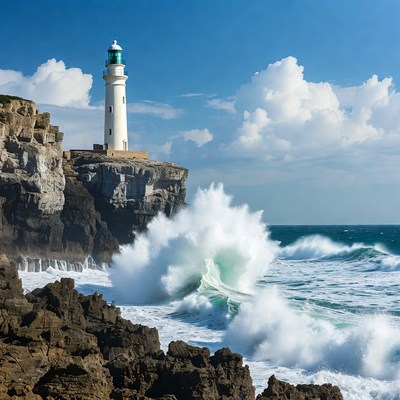 White Lighthouse on Cliff with Crashing Waves