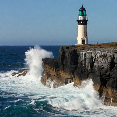 White Lighthouse on Cliff Over Crashing Ocean Waves