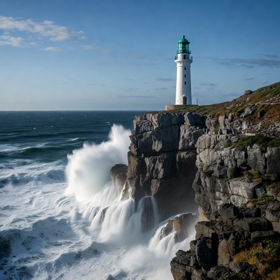 White Lighthouse on Cliff with Crashing Waves