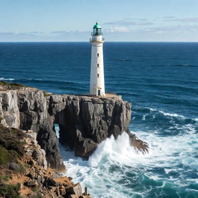 White Lighthouse on Cliff Over Ocean