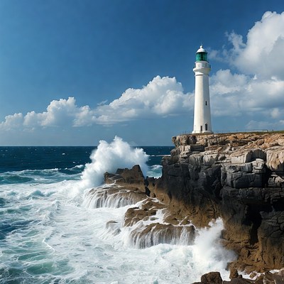 White Lighthouse on Cliff Over Crashing Waves