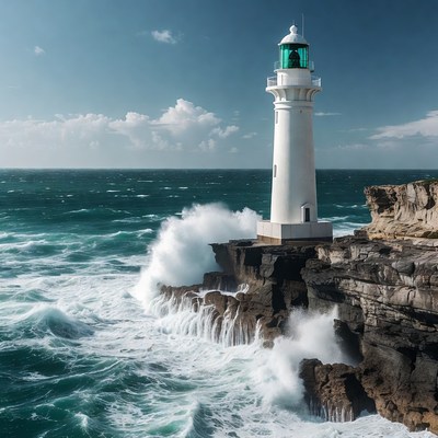 White lighthouse on cliff with crashing waves