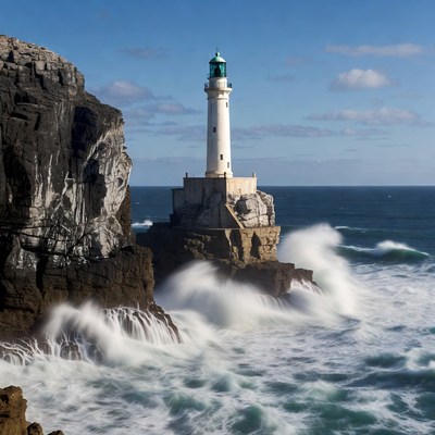 Lighthouse on rocky cliff with crashing waves