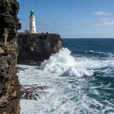 Lighthouse on Cliff with Crashing Waves