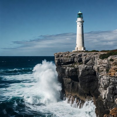 White Lighthouse on Cliff with Crashing Waves