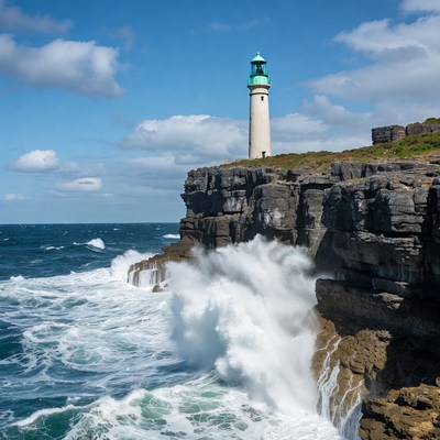 White Lighthouse on Cliff Over Crashing Waves