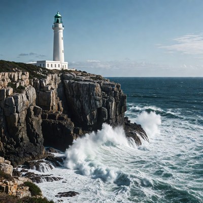 White lighthouse on rocky cliff with crashing waves