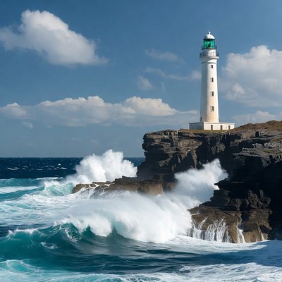 White lighthouse on rocky cliff with crashing waves