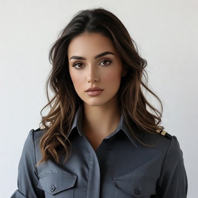 Woman in gray military shirt